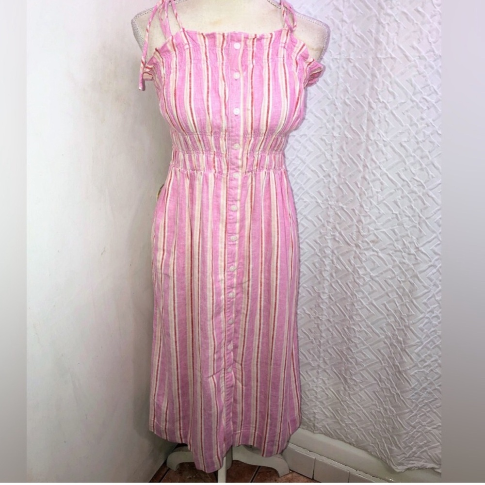 Pink Striped, Linen,  Smocked, Spaghetti Strap Sun Dress